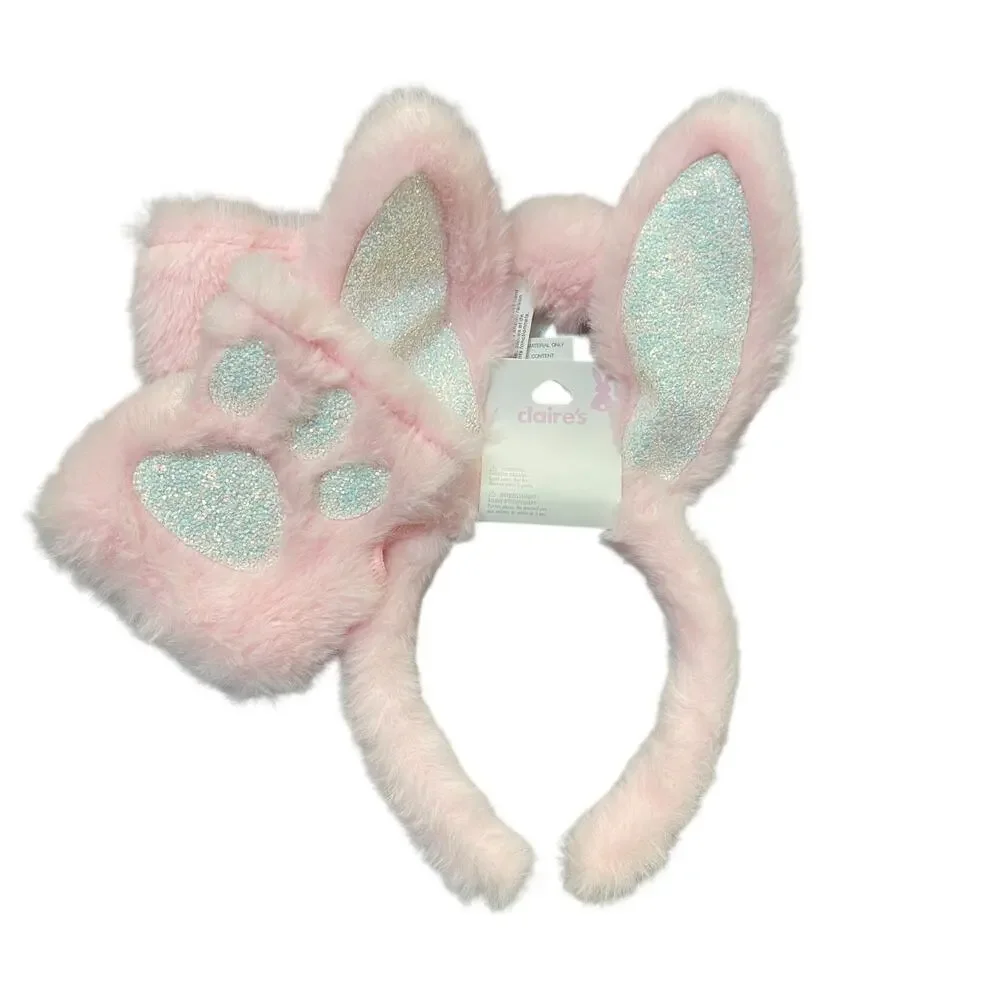 Claires Bunny Dress Up Set Ears Headband Paw Arm Warmers Cottontail Plush Gift